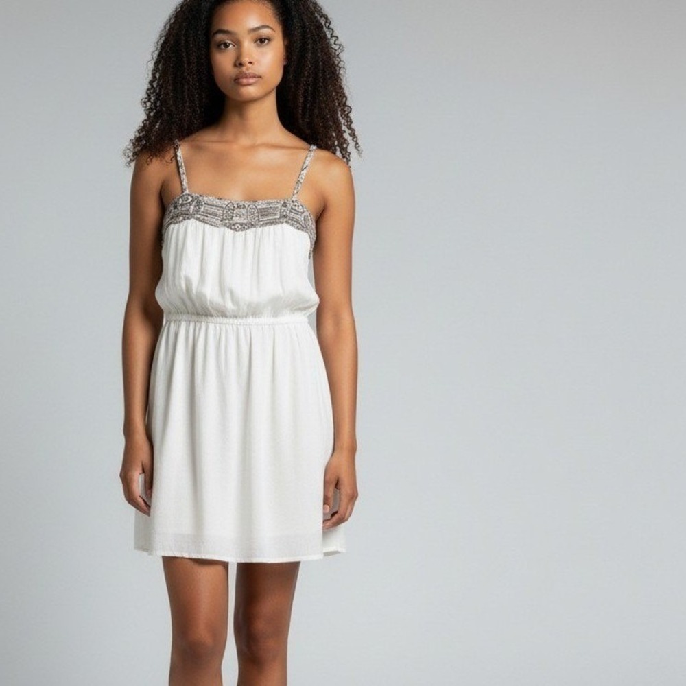 Graham &‎ Spencer Cream Silk Blend Mini Dress Metallic Embroidered Boho Chic